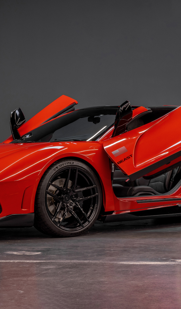 Красный автомобиль  Rezvani Beast 2024 года с открытыми дверями