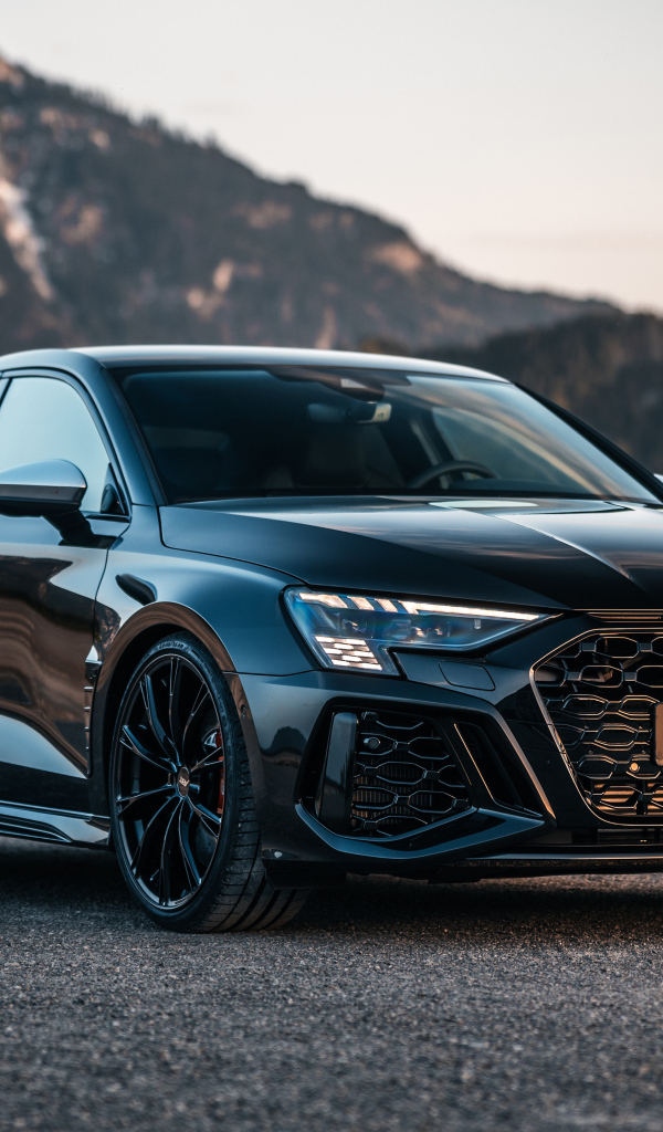 Черный автомобиль  ABT Audi RS 3-S Sedan 2024 года