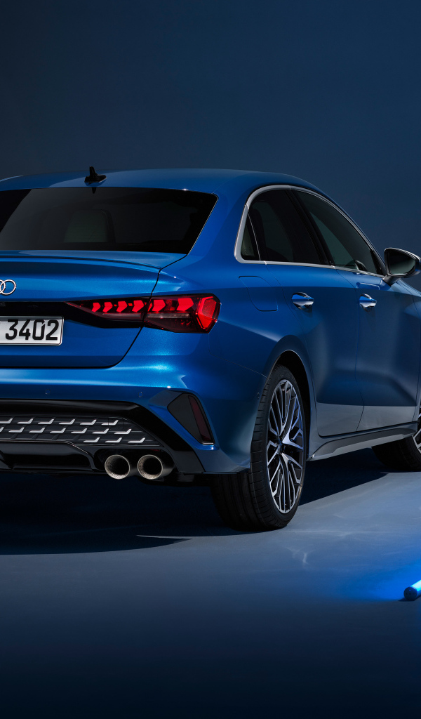 Вид сзади на синий автомобиль Audi S3 Sedan 2024 года