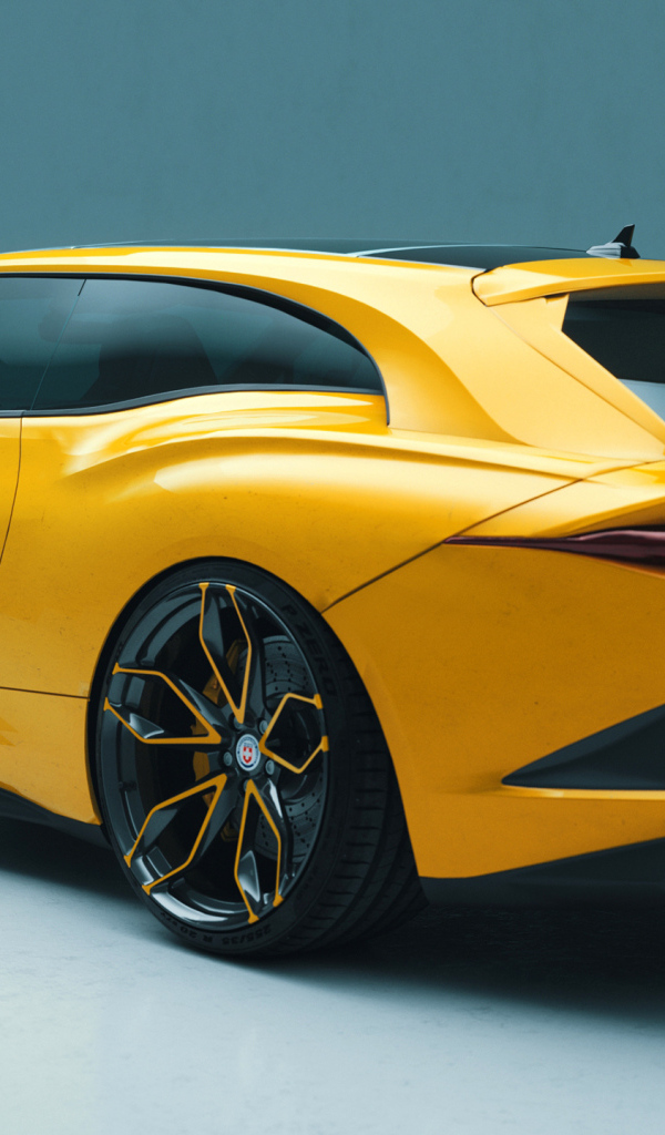Желтый автомобиль Bentley Mulliner Bacalar вид сзади