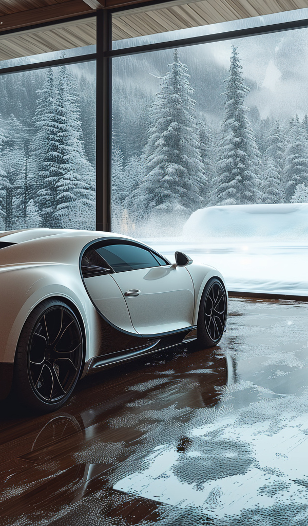Автомобиль Bugatti Chiron Cozy в комнате зимой