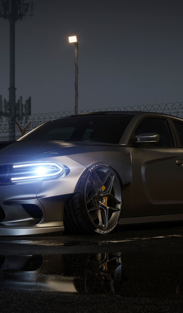 Автомобиль Dodge Charger CGI с включенными фарами