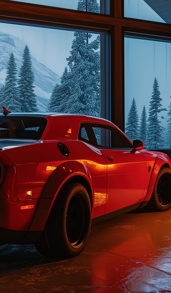 Вид сзади на красный автомобиль Dodge Challenger SRT Demon