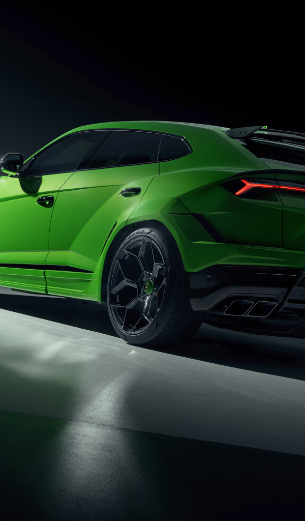 Зеленый автомобиль Lamborghini Urus  вид сзади