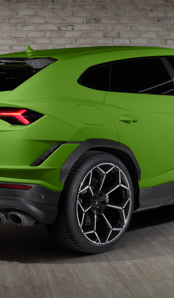 Зеленый автомобиль Lamborghini Urus Performante 2024  года вид сзади
