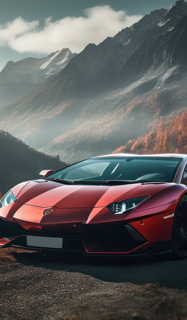 Автомобиль Lamborghini Aventador Autumn Road  в горах
