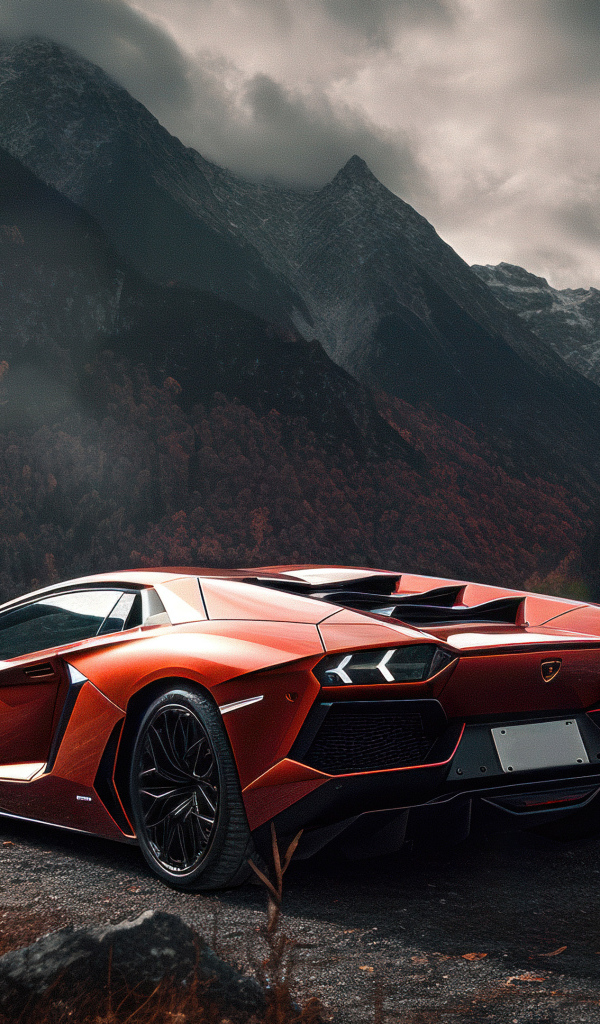 Вид сзади на автомобиль Lamborghini Aventador