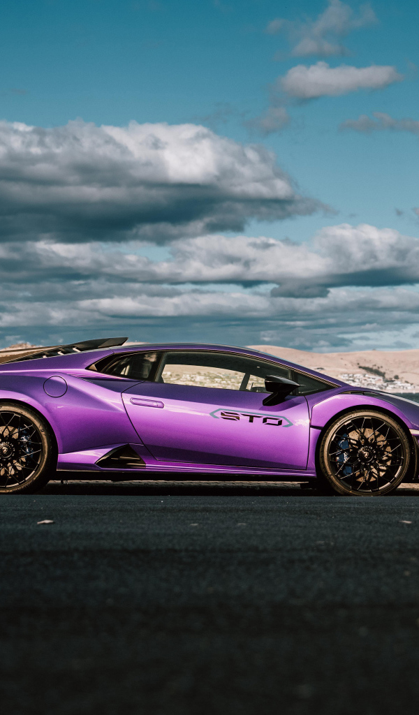 Вид сбоку на автомобиль Lamborghini Huracan STO на фоне неба