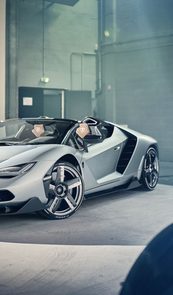 Серебристый автомобиль Lamborghini Centenario Roadster в комнате
