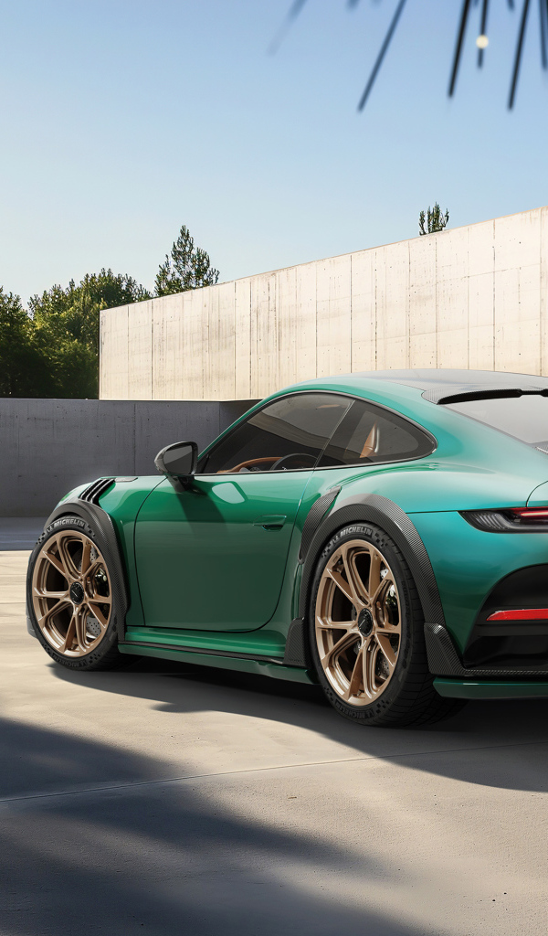 Зеленый автомобиль TechArt GTstreet R Touring вид сзади