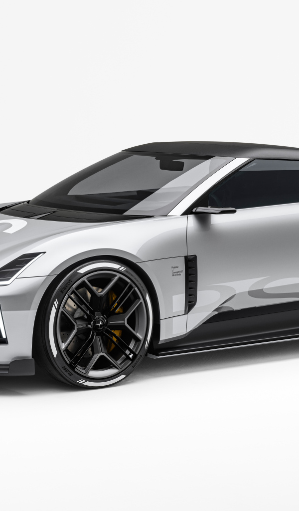 Серебристый автомобиль Polestar Concept BST 2024 года на белом фоне