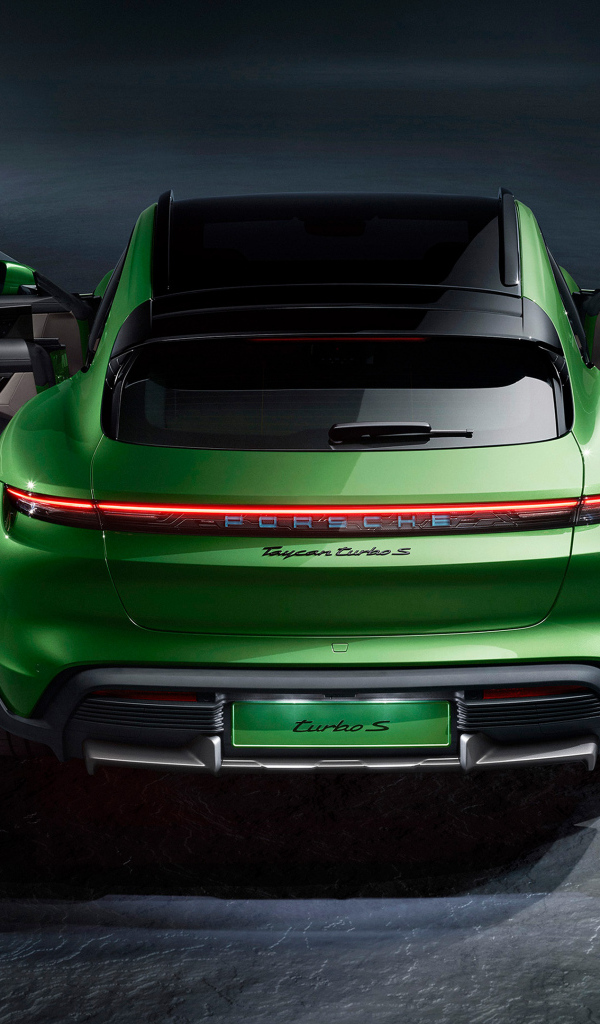 Зеленый автомобиль Porsche Taycan Turbo S вид сзади