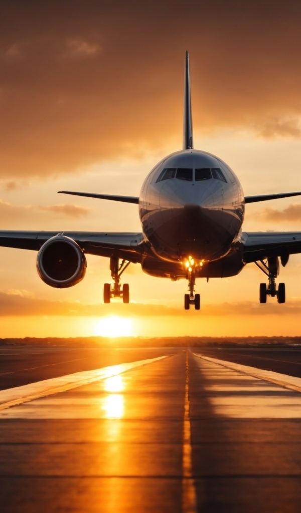 Большой пассажирский самолет взлетает на закате