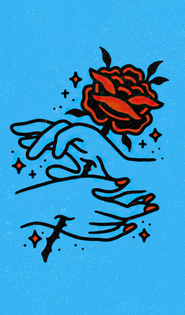 Нарисованная роза с руками на голубом фоне