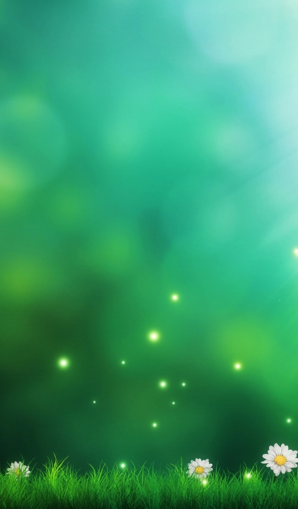 Зеленый фон с ромашками и зеленой травой