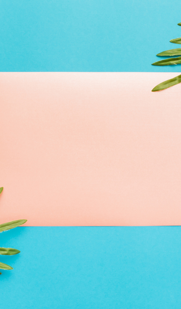 Лист бумаги и два зеленых листа на голубом фоне