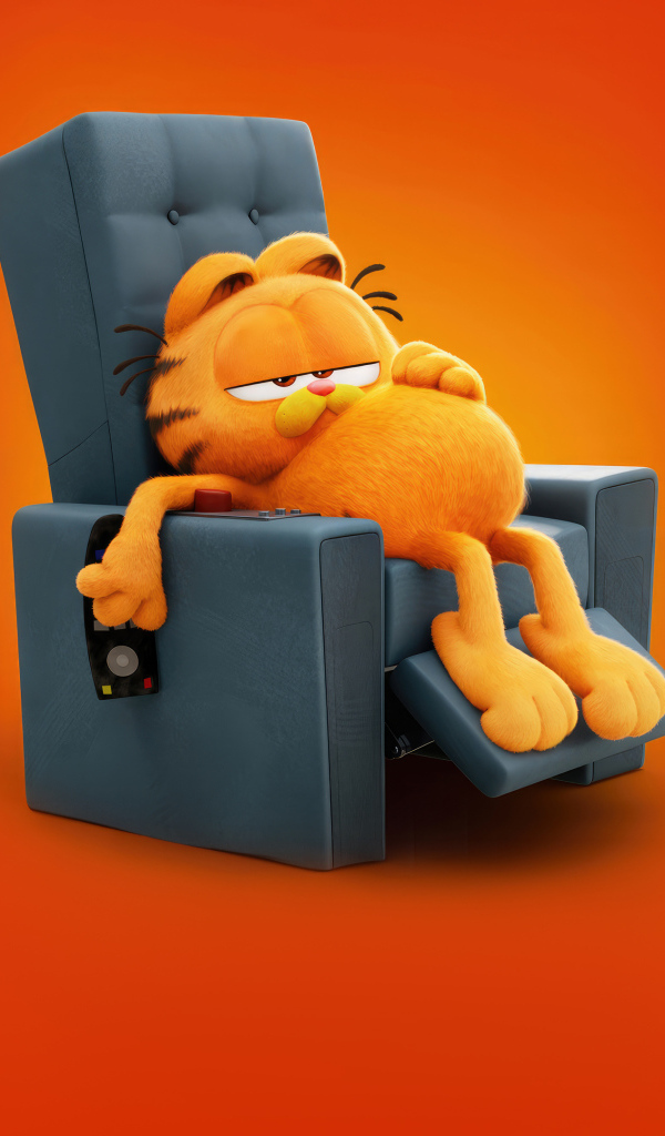 Кот в кресле на оранжевом фоне новый фильм Гарфилд в кино, 2024