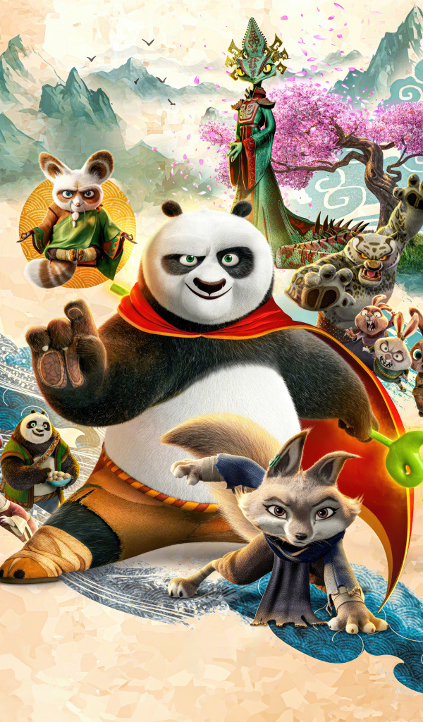 Постер с главными героями мультфильма Кунг-фу панда 4