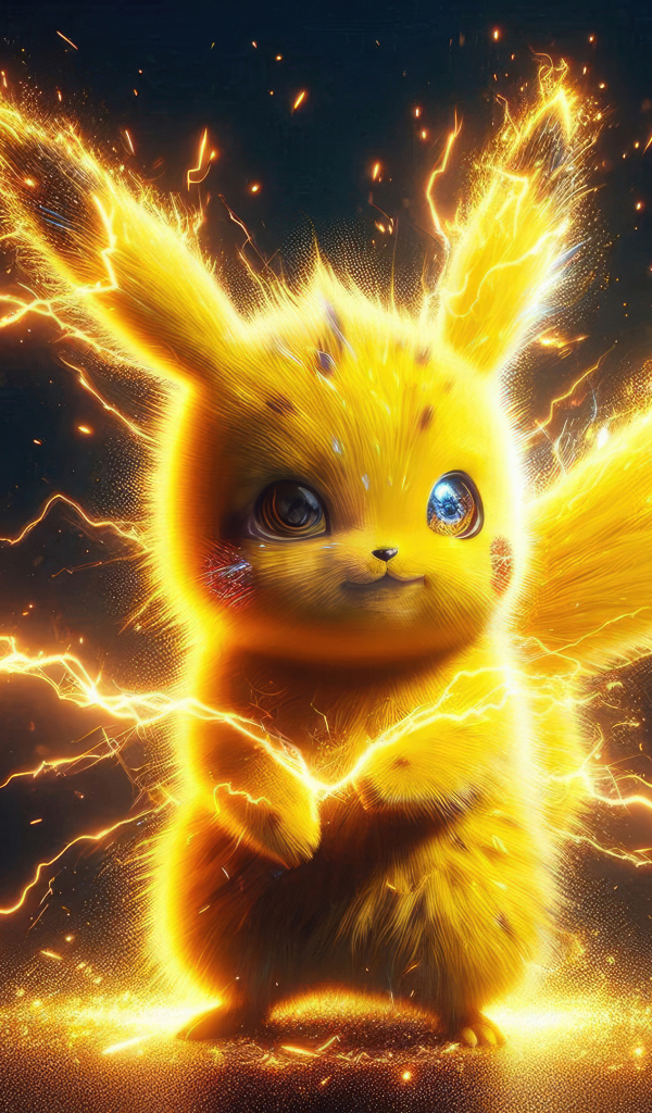 Желтый покемон Пикачу в разрядах молнии
