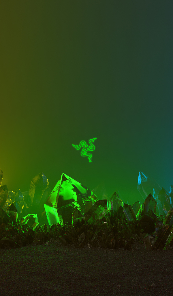 Зеленый логотип razer на фоне с кристаллами