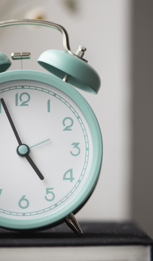 Голубой будильник стоит на книге в комнате