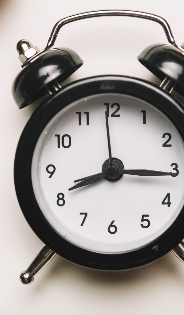 Большой черный будильник на белом фоне с листвой