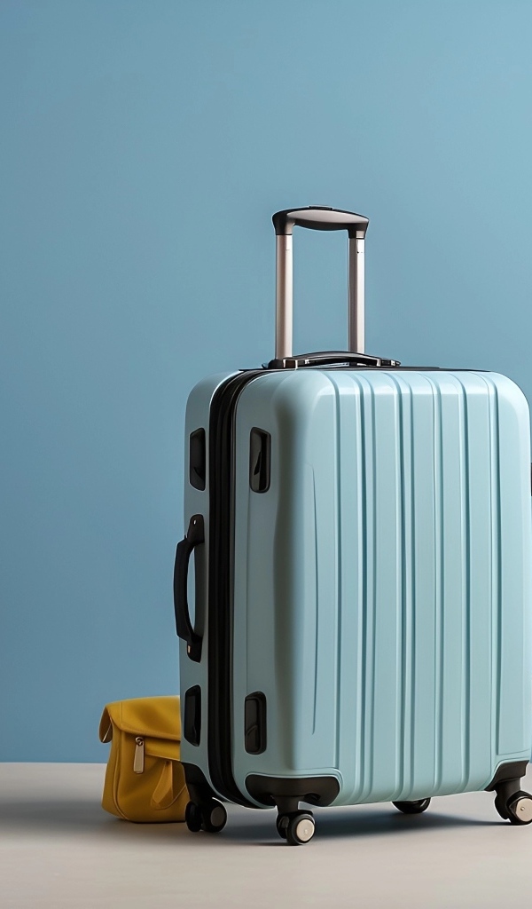 Большой голубой чемодан на голубом фоне