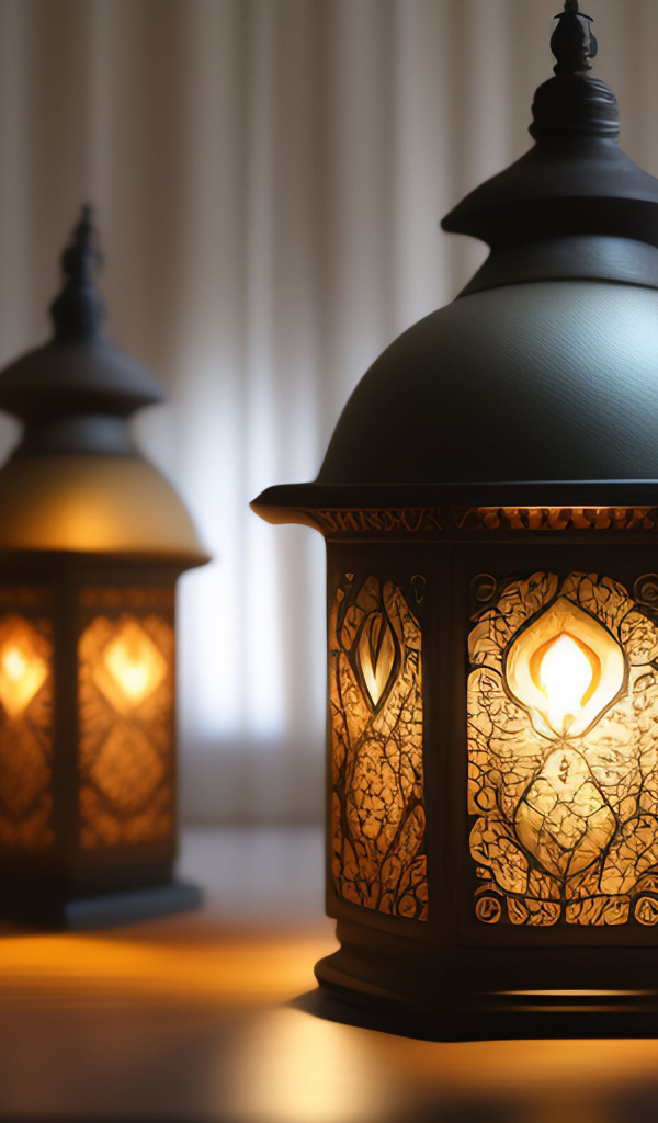 Два зажженных фонаря стоят на столе