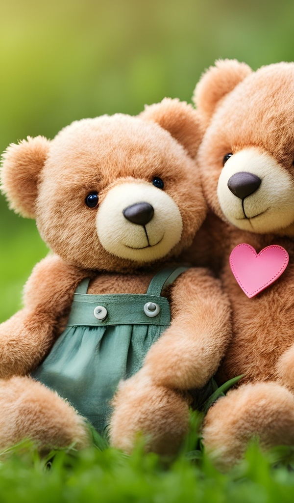 Два игрушечных медвежонка сидят на траве