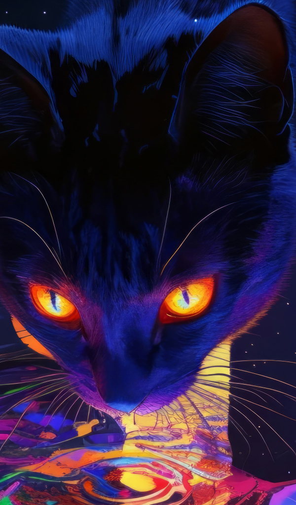 Черный кот с яркими оранжевыми глазами идет по воде