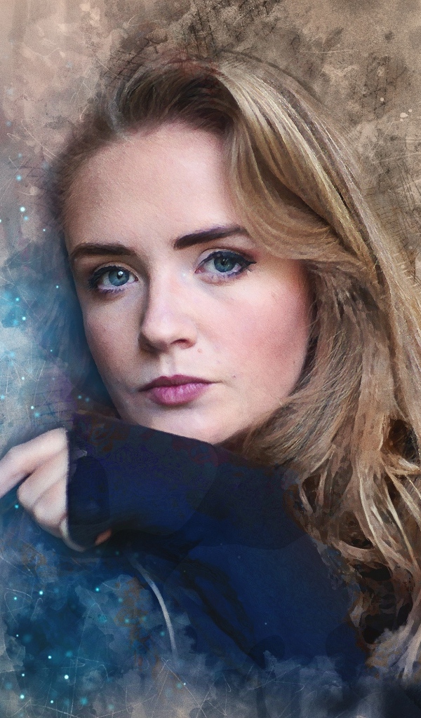 Красивая голубоглазая девушка на нарисованном фоне