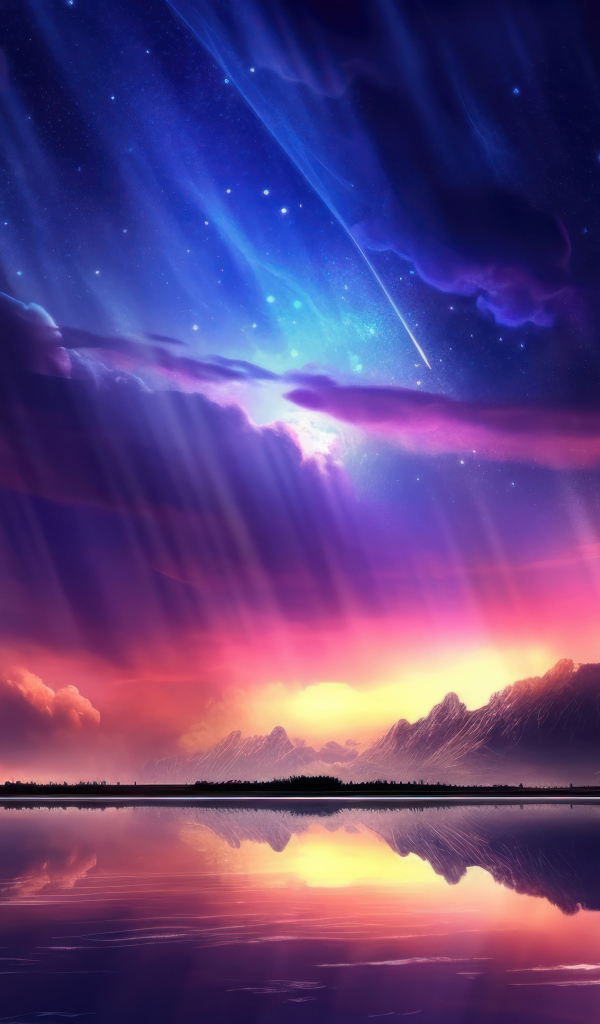 Красивое нарисованное небо с облаками над водой