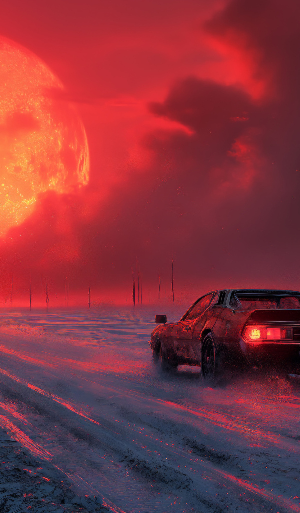 Автомобиль на дороге на фоне огненной луны