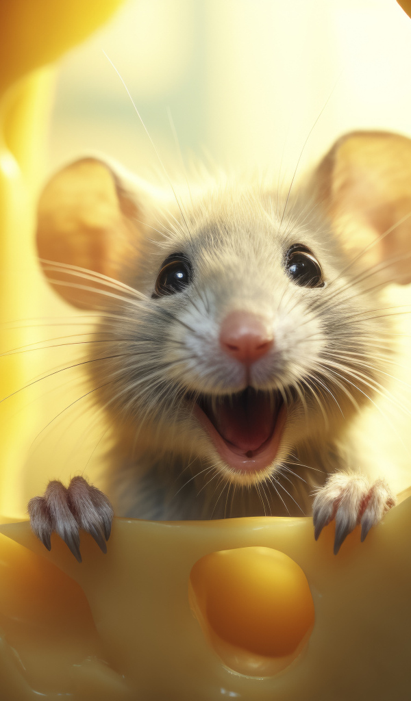 Веселый мышонок с куском сыра