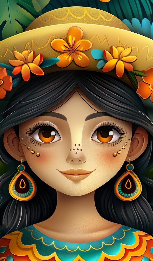 Нарисованная мексиканка в шляпе