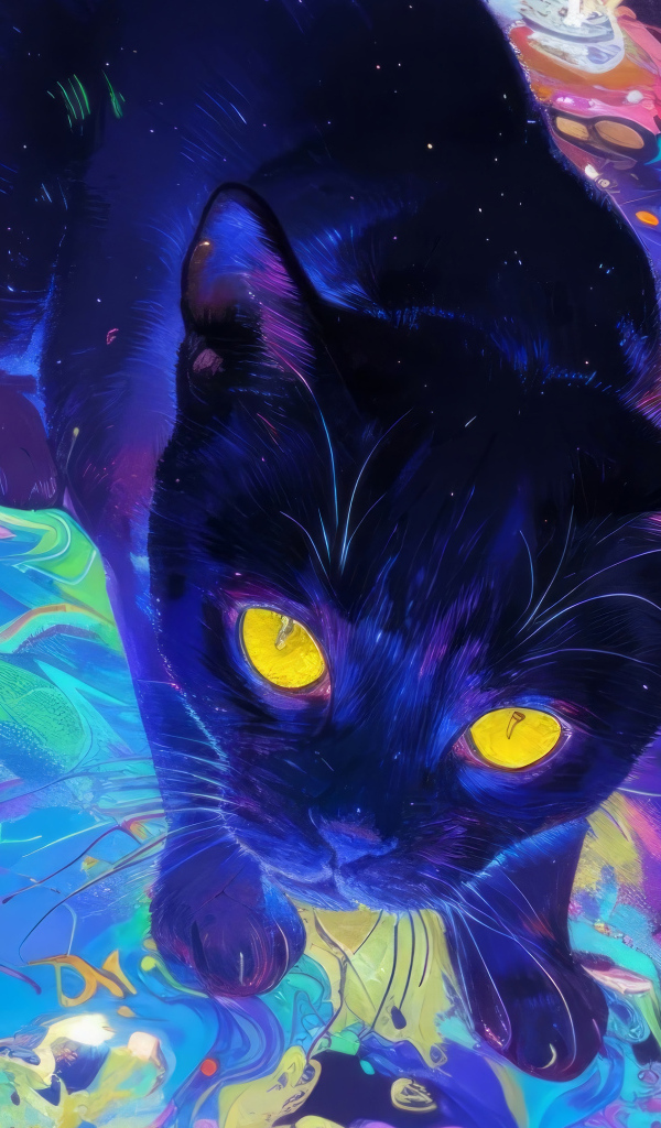 Нарисованный черный кот с желтыми глазами