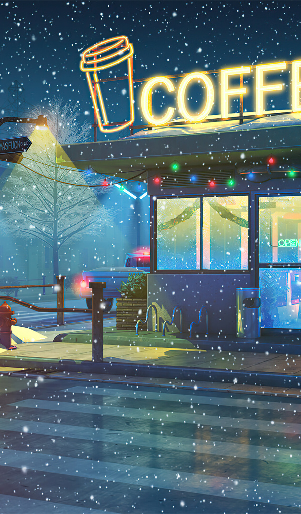 Нарисованное кафе ночью зимой