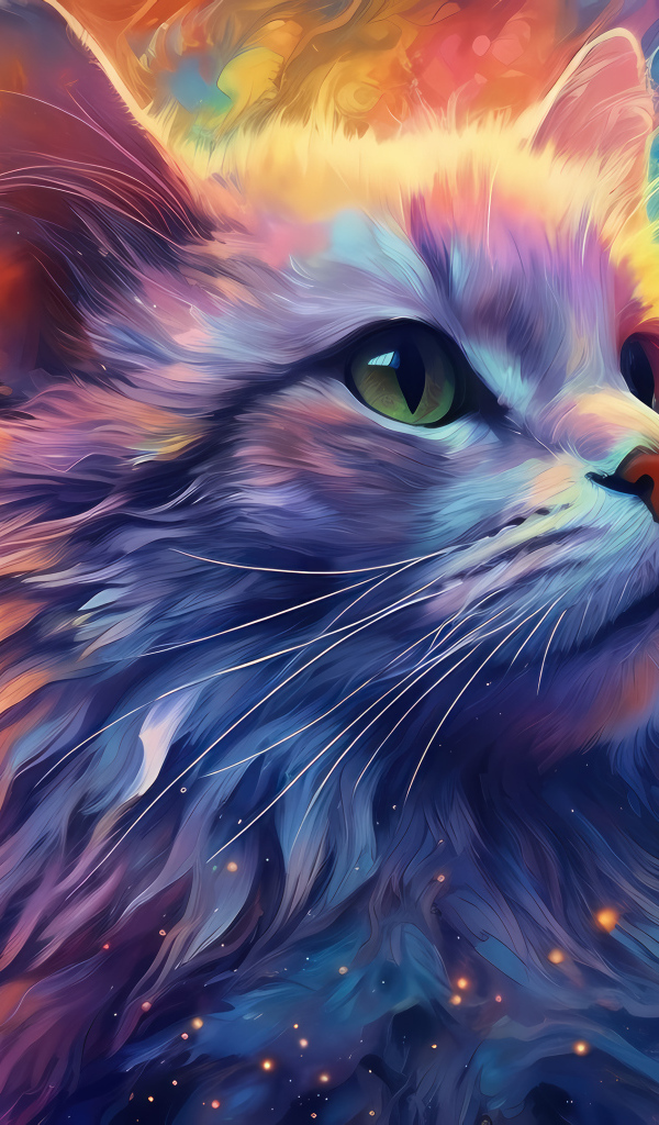 Нарисованная голова кота на разноцветном фоне