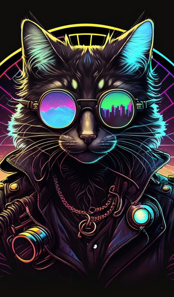 Нарисованный кот в очках и кожаной куртке