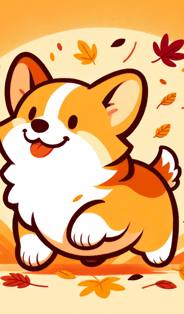 Нарисованный веселый корги с листьями