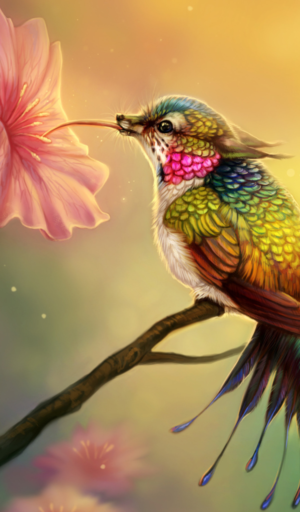 Нарисованная фантастическая птица колибри у цветка