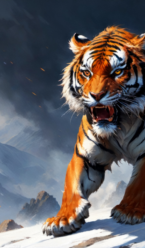 Нарисованный свирепый тигр в заснеженных горах