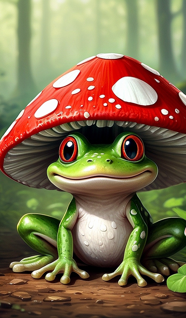 Нарисованная зеленая лягушка с мухомором на голове