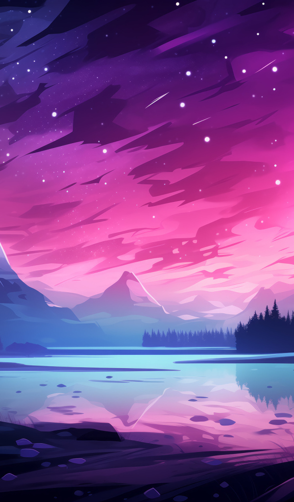 Нарисованные горы с розовым небом ночью