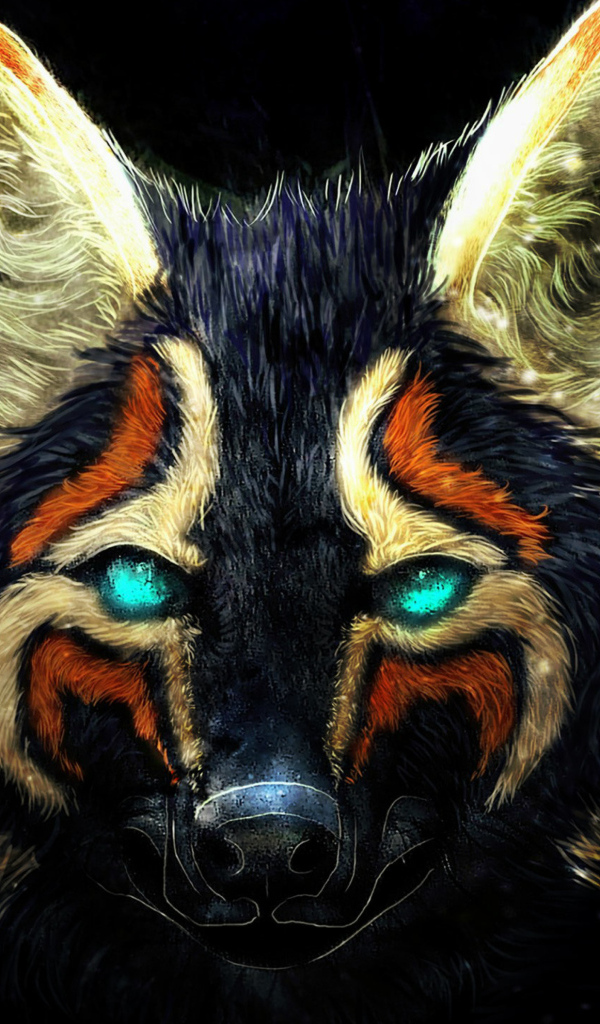 Нарисованная разноцветная лиса на черном фоне