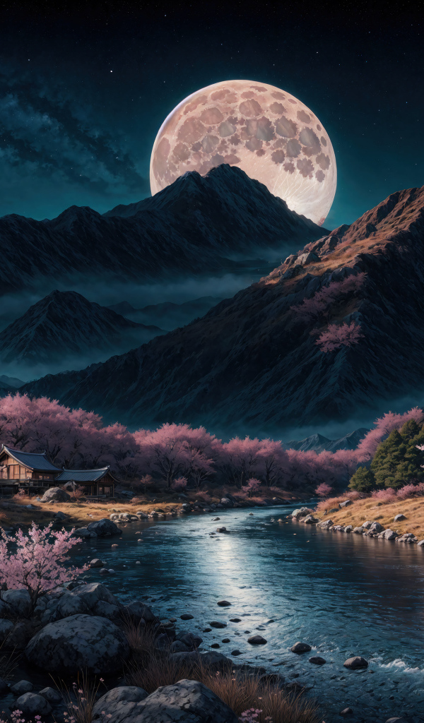 Нарисованная река с горой на фоне луны