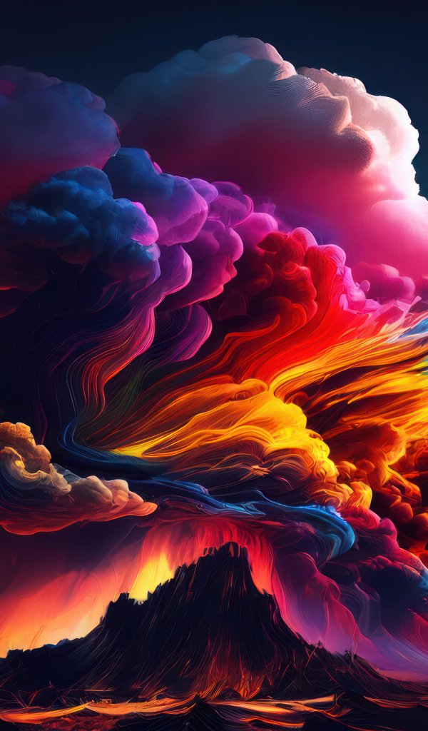 Большое разноцветное облако дыма над вулканом