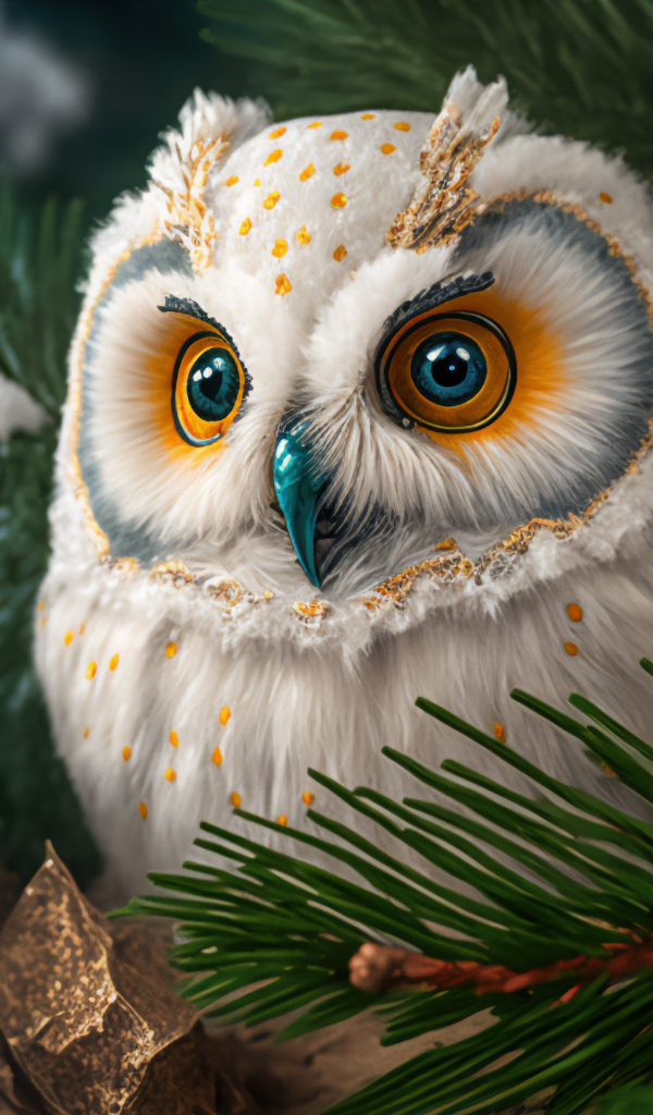 Большая нарисованная сова в сосновых  ветках