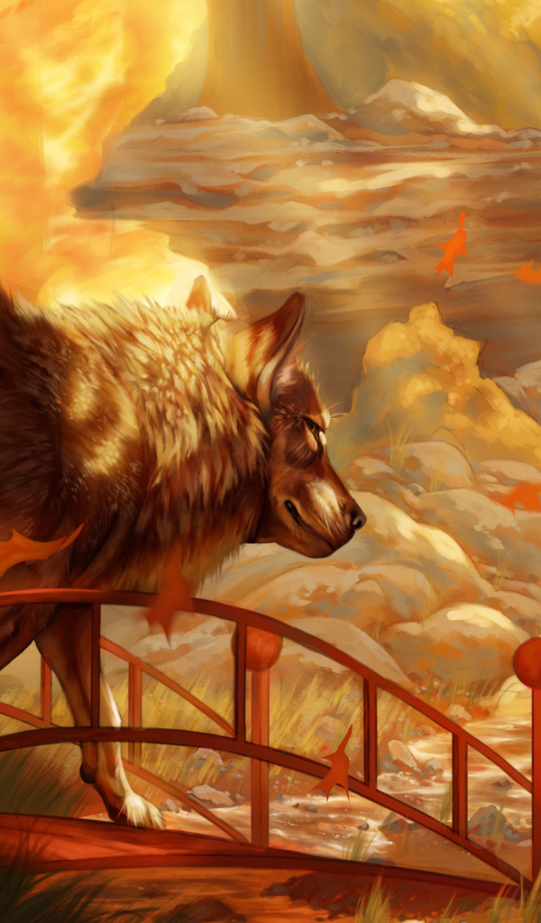 Нарисованный большой волк у водопада