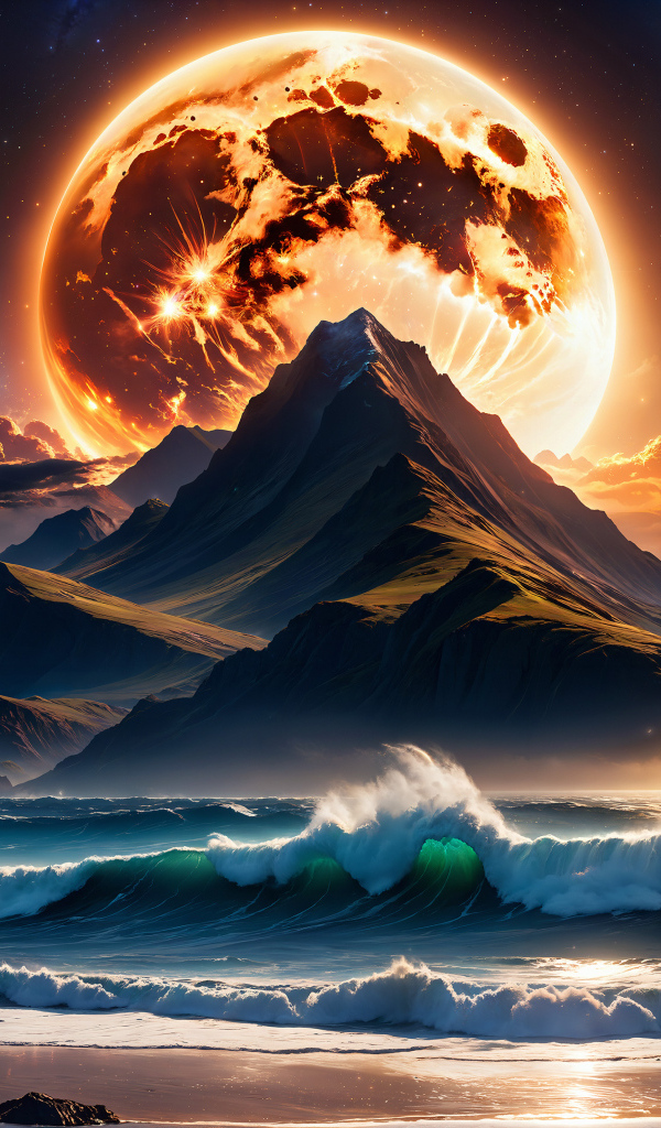 Нарисованная огненная луна над горой у моря